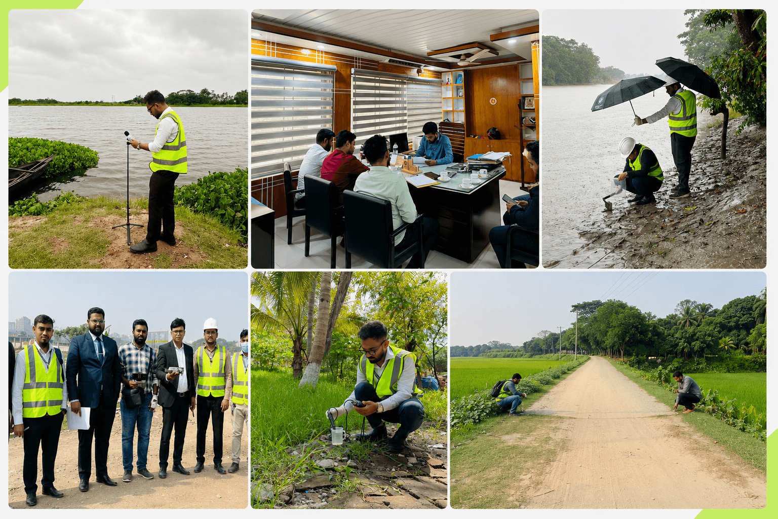SRCL's multidisciplinary team: noise and water sampling in the field, riverbank survey work, and a project review meeting in the Dhaka office.