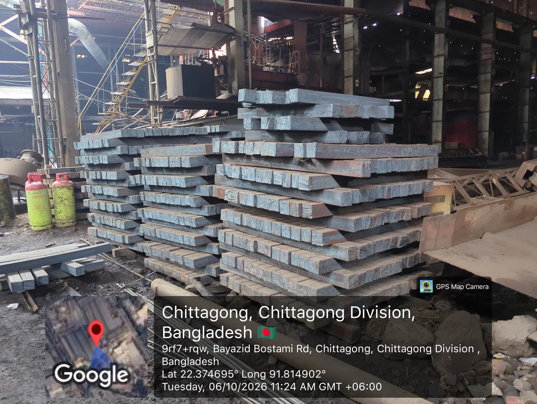 Steel billets stacked inside the Baizid Steel facility.
